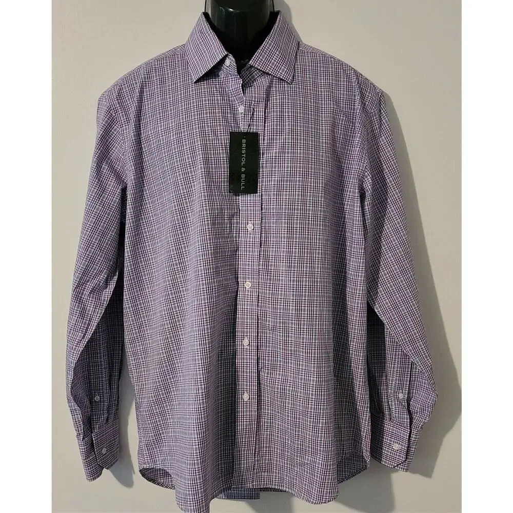 Men's Bristol & Bull Shirt Plaid Navy Purple White Contrast Trim Large New